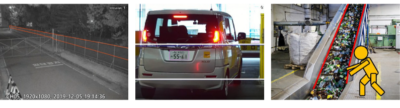 監視カメラ実例_道路侵入ゾーン、駐車場入り口（車両ナンバー感知）、作業危険ゾーンにおける実例写真